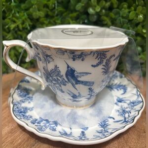 Grace Teaware NWT Blue & White porcelain Bird Tea Cup and Saucer Set